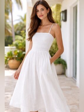 ASTR the Label Dropped Waist Smocked 100% Cotton Midi Dress Women Size M White